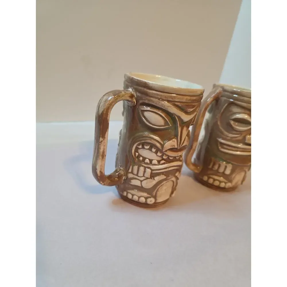 2 Vintage Ceramic Tiki Mugs with Handles 5.5